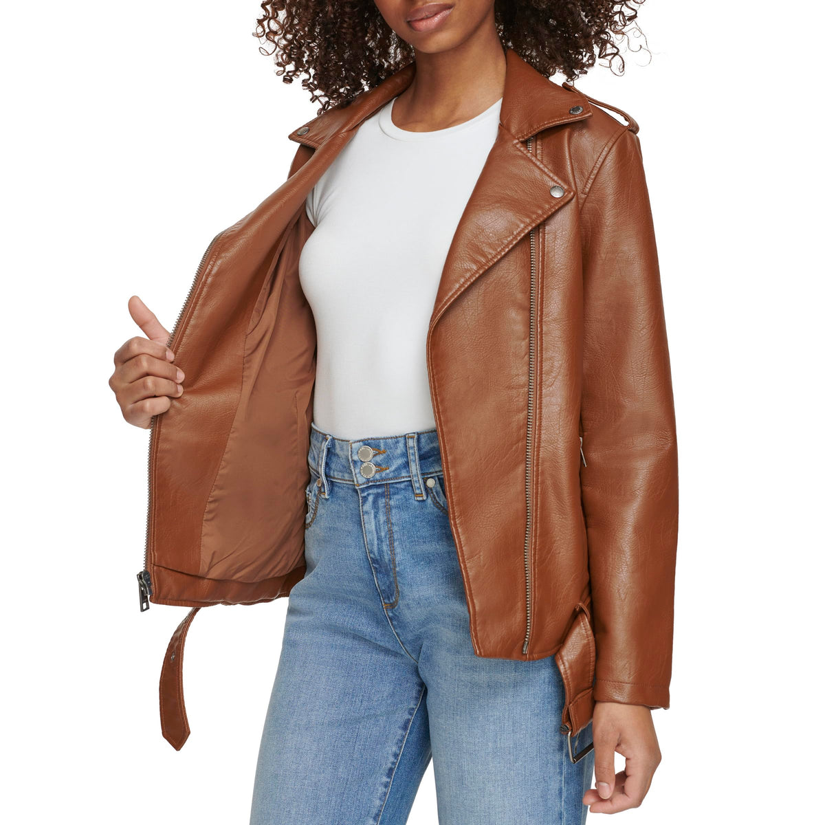 Levi's Women's Oversized Faux Leather Belted Motorcycle Jacket, Equestrian Brown, X-Small