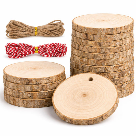 Breecasa Natural Poplar Wood Slices 3.5-4in 24pcs DIY Craft Kit Pre Drilled with Jute Decorative Rope for Christmas Ornaments DIY Hanging Decorations Coasters Gift Tags Home Decor