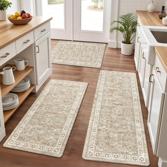 Pauwer Anti Fatigue Kitchen Floor Mats Set of 3, PVC Foam Padded Kitchen Rugs, Non Slip Cushioned Comfort Standing Mat, Waterproof Sink Rug for Small Kitchen Area, Laundry Room, Light Brown