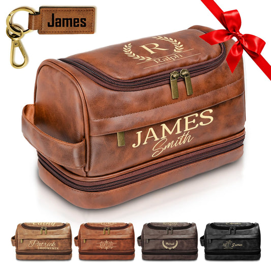 Personalized Toiletry Bag for Men, Father Day Gift for Dad, Graduation Gifts for Men Him, Leather Custom Engraved Travel Shaving Bag, Gift for Birthday, Anniversary, Groomsmen, Boyfriend, Husband