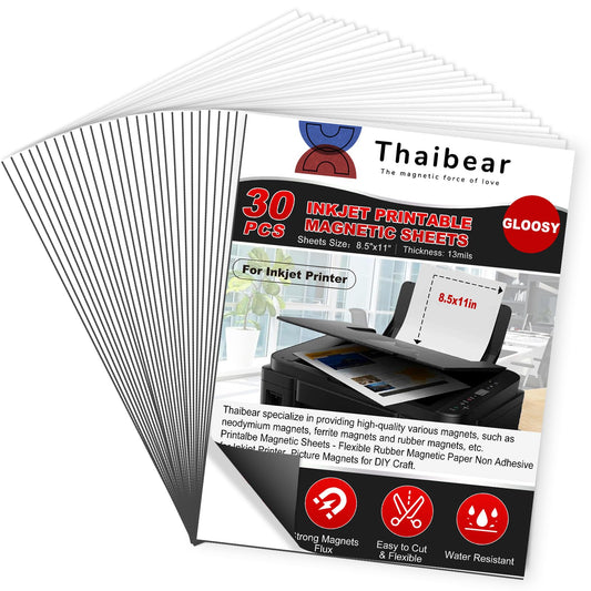 Thaibear Printable Magnetic Sheets, 8.5" x 11", 30 Pack Glossy Magnet Printer Paper for Inkjet, Flexible Magnetic Printer Paper for Fridge, Crafts - Peel and Stick Magnetic Tape