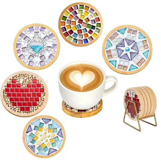 JADENIO 5 Sets DIY Mosaic Kits for Adults, Wooden Coasters with Mixed Color Glass Mosaic Tiles, Craft Supplies for Drink Trays & Handmade Home Decor