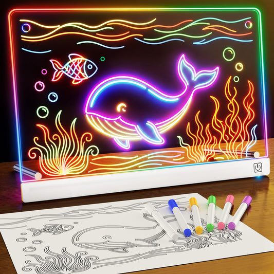 14'' LED Drawing Board for Kids with 7 Colors & 3 Modes, Neon Art Light Up drawing board with Battery Case, Doodle Magic lumiboard Writing Tablet, Birthday Christmas New Year Gifts Toys for Girls Boys