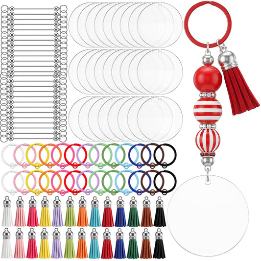 Trnayi 104 Pcs Beadable Acrylic Keychain Blanks Set, Including 26 Clear Acrylic Round Blanks 26 Keychain Ring 26 Tassels 26 Beading Rod for DIY Key Chain Crafting Project Gifts