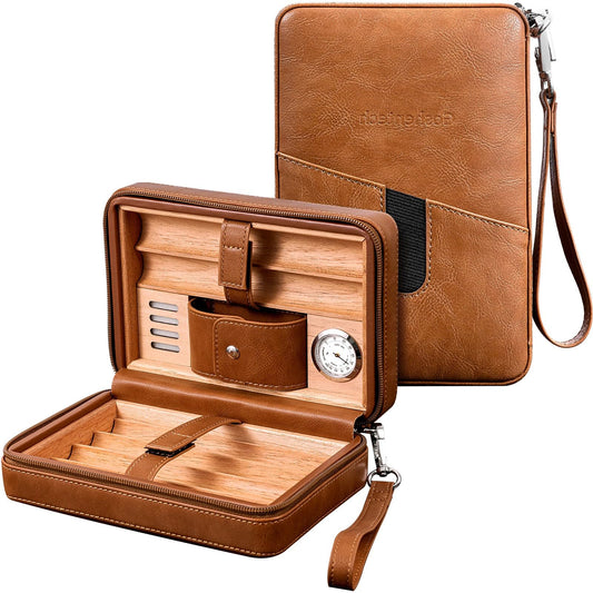Leather Cedar Wood Case, Travel Box with Hygrometer, Capacity: 6pcs,Draw Enhancer Tool, Gifts for Men(Brown)