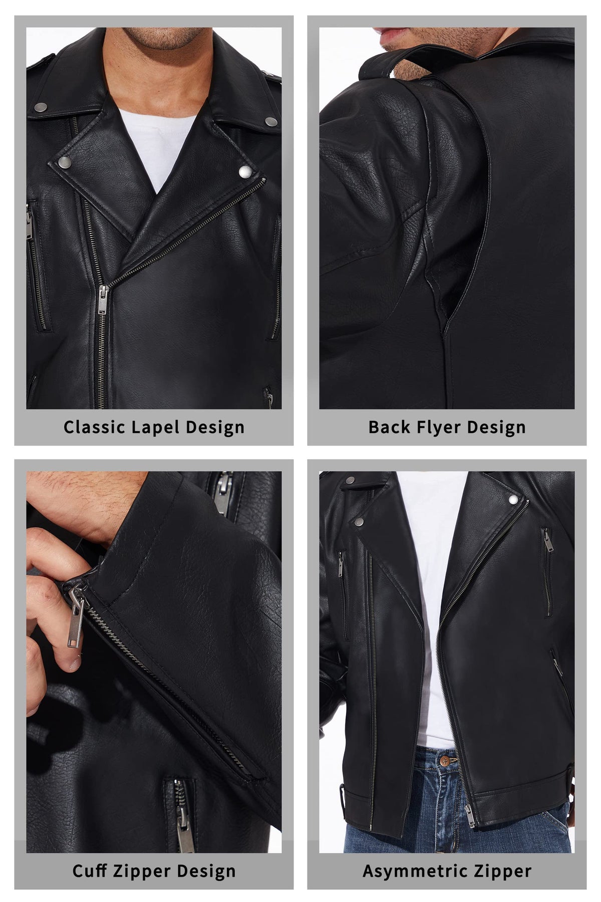 Fahsyee Leather Jackets for Men, Faux Bomber Jacket Mens Motorcycle Lapel Zip-Up Belt Slim Fit Biker Coat Black L