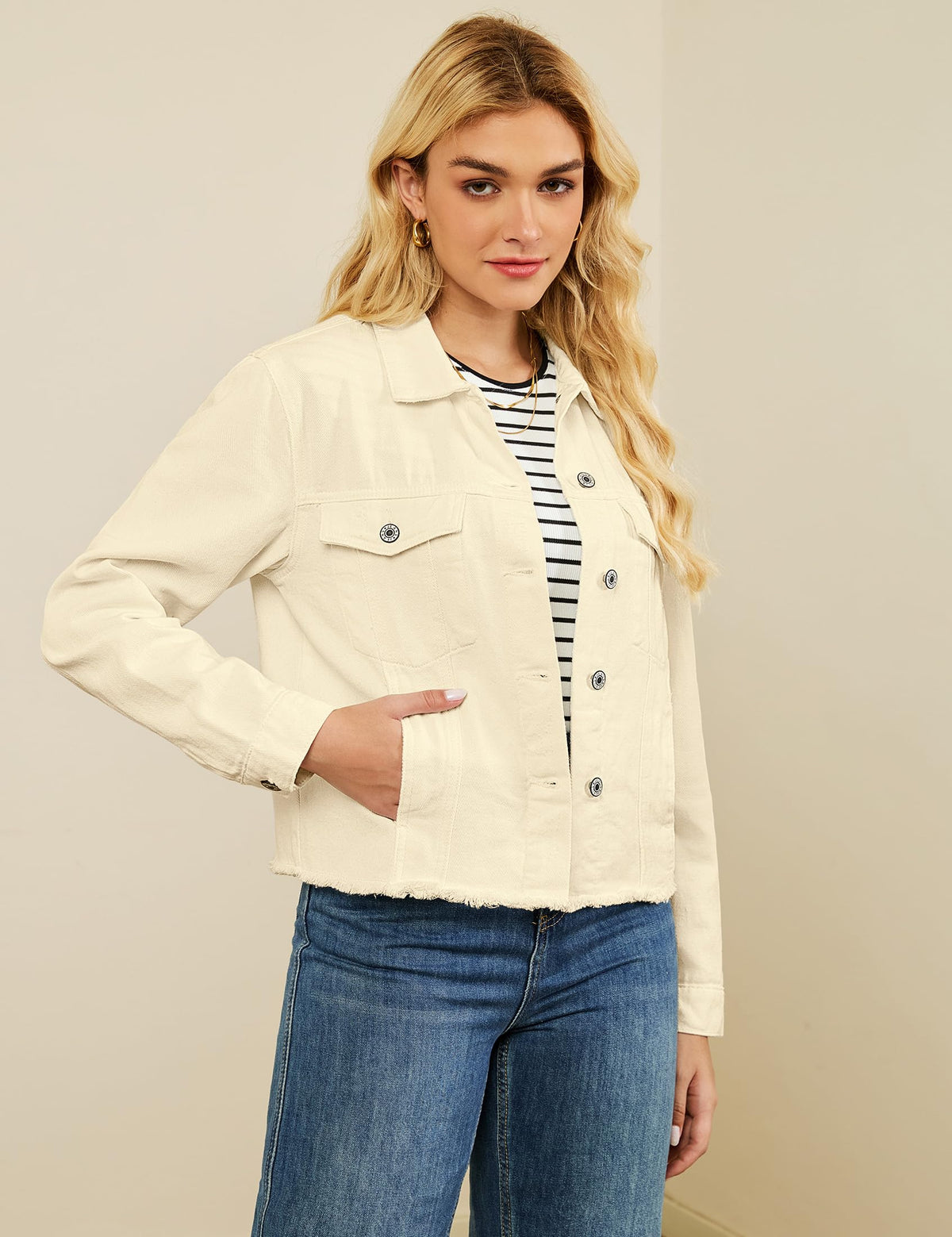 luvamia Denim Jacket for Women Distressed Jean Jackets Button Up Vintage Western Trucker Jacket Frayed Hem Pockets Vanilla Medium