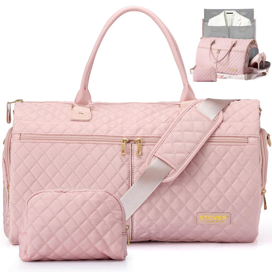 STOVER Women’s Convertible Garment Duffel Bag for Travel – 2-in-1 Carry-On Weekender/Overnight Tote - Wrinkle-Free Dresses, Suits & Clothes + Shoe Compartment & Bonus Toiletry Bag (Blush Pink)