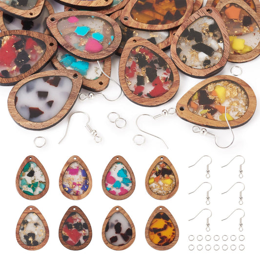 Boutigem 56Pcs Wood Dangle Earring Charm Kit with Teardrop Resin Wood Pendants Earring Hooks Jump Rings for DIY Women Jewelry Making Necklace Keychain Decor