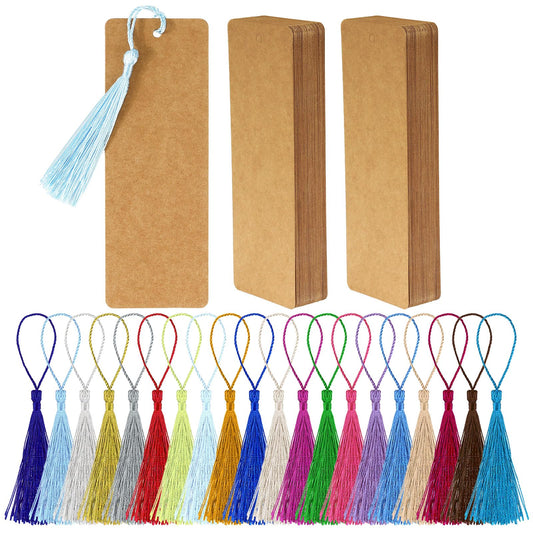 JHZMCRX 100 Pcs Paper Bookmarks Blank with 100 Pcs Colorful Tassels, Cardstock Book Marks Bulk, Bookmark for DIY Arts Crafts Projects Reading Books Tags Decorations Brown