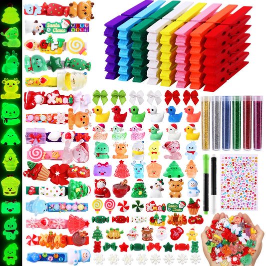 JOICEE 60 Set DIY Christmas Clothespins Kit,60 Colored Wooden Clothes Pins 111 Mini Resin Figures Bows and Stickers pens 200 Beads for Backpacks Christmas DIY Crafts Gifts Xmas Stockings Decor