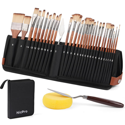 Nicpro 30pcs Paint Brush Set, Professional Paintbrushes with Paint Spatula & Self-Standing Case, Craft Paint Brushes for Acrylic Painting, Oil, Watercolor, Gouache, Art Supplies for Artists Beginners