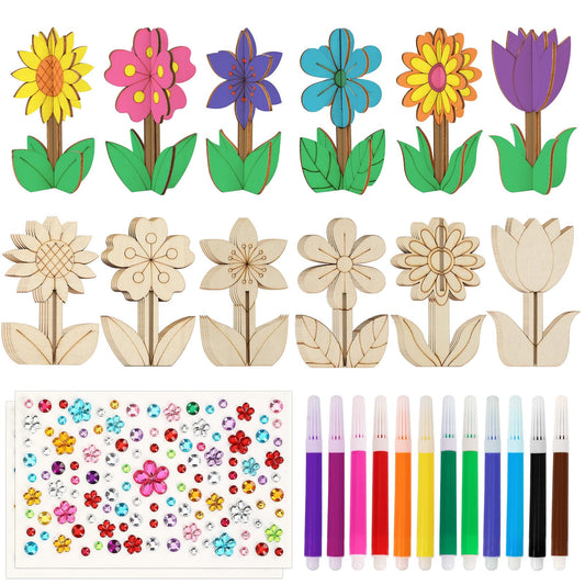 PETKNOWS 24-Piece DIY 3D Flower Spring Wood Crafts, Unfinished Wooden Ornaments for DIY Painting with 12 Colors Markers(6 Floral Designs)