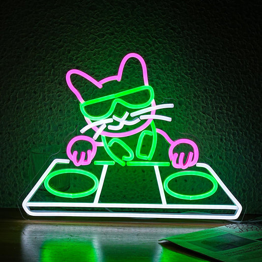 JLEWUINH Cat DJ Player Neon Sign Dimmable DJ Player Led Neon Light for Wall Decor USB Powered Cool Neon Light Sign for Bar Party Man Cave Bedroom Art Wall Decoration