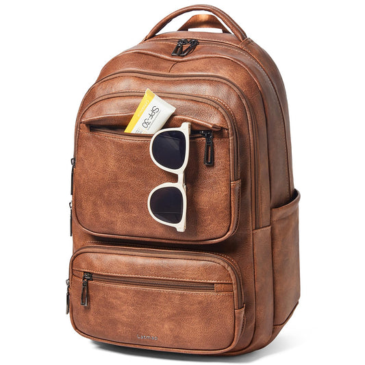 LATMAP 43L Backpack For Women Men Vegan Leather Backpack Purse Shoulder Bookbag 17 16 15.6 Inch Laptop Bag Handbags For Travel Work College Large Brown