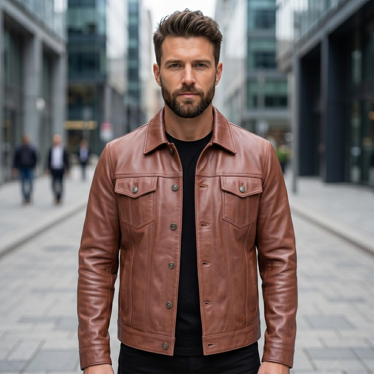 UrbanFocal Mens Brown Leather Jacket - Real Lambskin Classic Trucker Leather Jackets Men | [101002505] F.Trucker Cognac, XL