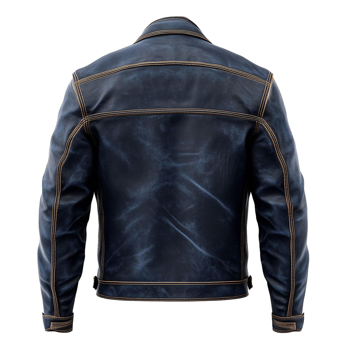 Sumairah Mens Blue Trucker Denim Style Jacket Multi Pocket Genuine Leather Jackets(Navy Blue Genuine Leather, Large)