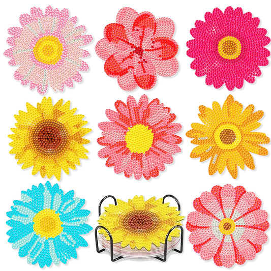 Leatrice 8PCS Flower Diamond Art Coasters Small Diamond Painting Kits for Adults Beginners Women Gem Art Coasters with Holder Funny DIY Crafts for Home Decor