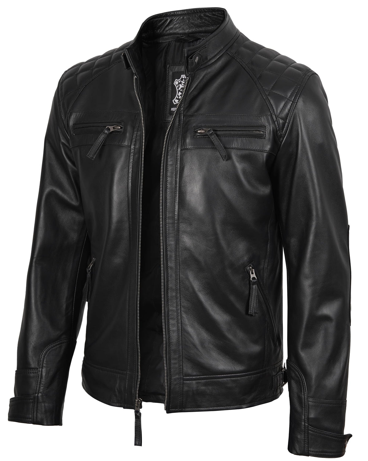 fjackets Real Lambskin Leather Biker Jacket — Quilted Cafe Racer Zip Up Moto Jacket Men Tall | [1118795] Johnson Black, XL