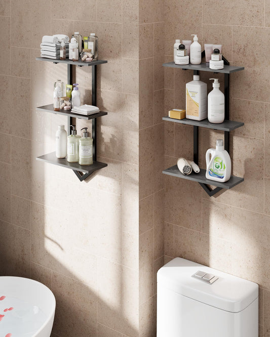 Forjarn 3 Tier Floating Shelves, Set of 2 Wall Shelves for Living Room, Modern Geometric Wooden Shelf for Wall Decor, Hanging Storage Shelf for Bedroom Bathroom Kitchen Home Office (Greige + Black)