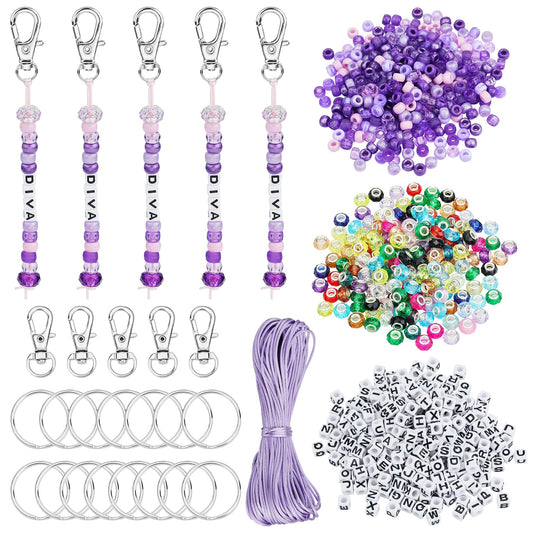 BEEFLYING 750 Pcs DIY Bead Keychain Kit Key Chain Making Crafts Letter Beads Strings Adjustable Alphabet Key Ring Jewelry Backpack Accessories Holiday Party Festival Favor Gift (Purple)