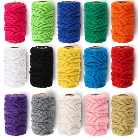 ZEAYEA 15 Rolls Macrame Cord, 3mm x 480 Yards Natural Cotton Macrame Rope, 4-Strand Twisted Soft Cotton Twine String Cord for Artworks, Wall Hanging, Plant Hangers, Crafts, Knitting, 15 Colors
