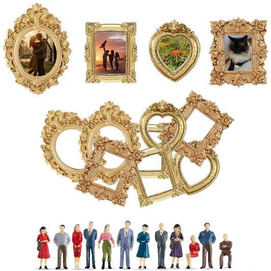 FTNA Mini Vintage Gold Picture Frames with 12 Mini Figurines, Minature Gold Frames Set for DIY Memory Display, Photo Craft Decor for Wedding Party (12 Frames + 12 Figurines)