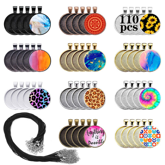 Csdtylh 110Pcs Pendant Trays, Round Tray Set, Alloy Tray Charms Bulk, Bezel Pendant Trays for Homemade Jewelry and Necklaces, DIY Crafts, Resin Art, Paint Pour Skins, Costume Jewelry