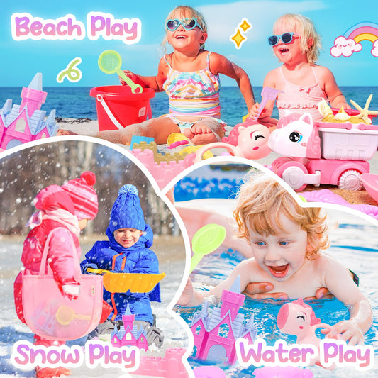 Tagitary Beach Toy Unicorn Sand Toys for Kids,Sand Castle Toys for Beach with Mesh Bag,Sand Shovels,Castle Kits,Sifters,Unicorn Watering Can and Truck,Beach Essential Outdoor Toys for Kids