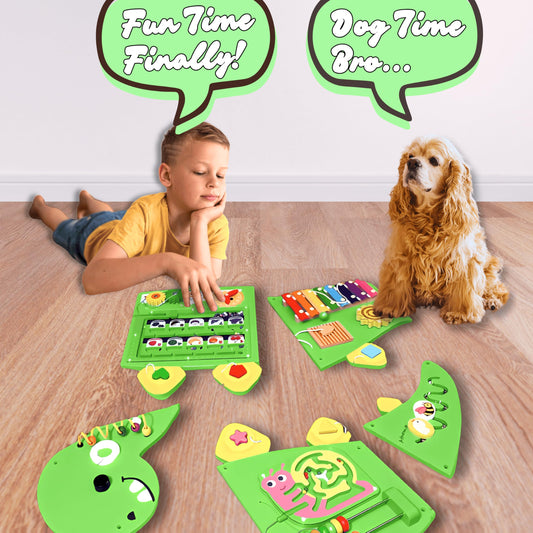 AthomBear Dinosaur Wall Busy Board with 12 Activities - Wall Toys for Toddlers 2,3,4,5 - Sensory Panel Wooden - Montessori Busy Board Learning Activity Center for Playroom and Classroom