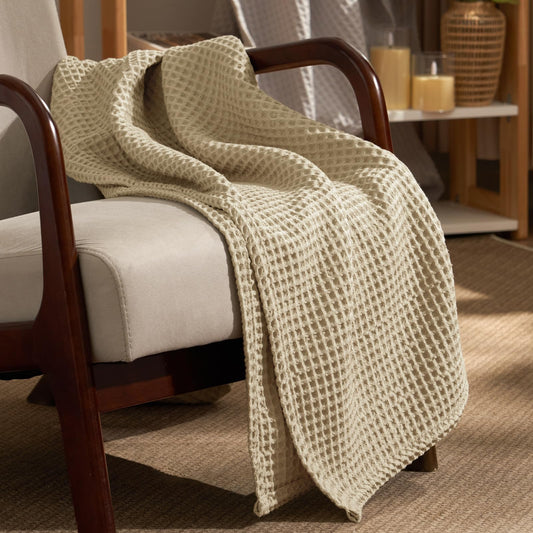 PHF Ultra Soft Waffle Weave Throw Blanket 50"x 60"- Washed Lightweight Breathable Cozy Woven Blanket for Bed - Aesthetic Decor for Couch Bedding Sofa Home Car - Khaki