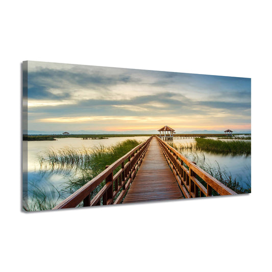 Lake Bridge Canvas Wall Art - Sunset Sky Landscape Painting Pier Walkway Picture Nature Prints Scenery Artwork for Living Room Home Office