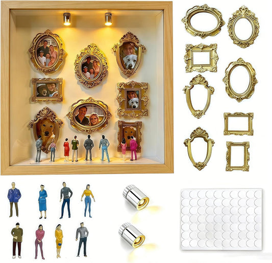 DIY Mini Gold Frames Silhouette Box, Upgrade Shadow Box , 10x10 Inch, with 8 Vintage Gold Mini Frames and 8 Handcrafted Figurines, for Anniversary, Wedding, Birthday and Home Decor (Wood Colour)