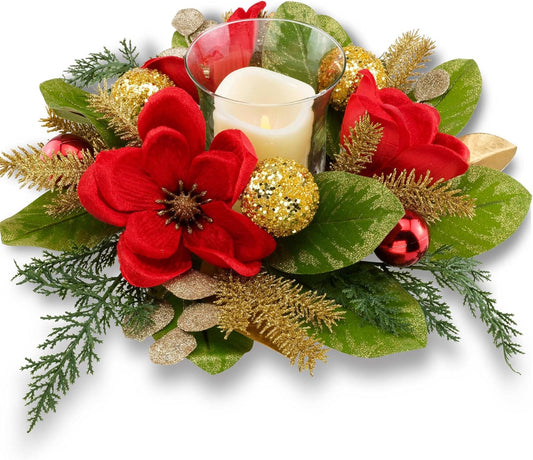 Skiennix 18" Centerpiece - Flameless LED Candle Holder with Red Magnolia & Gold Baubles for Holiday Decor
