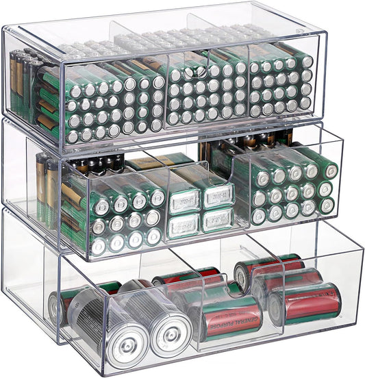 3 Pack 9V, 3-Drawer Common BTSKY Clear Acrylic Battery Storage Organizer for AA, AAA, C, D Batteries, Storage Box