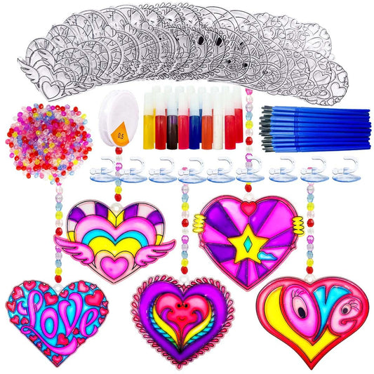 AUEKIV 30 Sets Valentine's Heart Suncatchers Craft DIY Kit Window Paint Art Suncatchers Valentine's Day Heart Sun Catcher Art Crafts Supplies for Valentine Gift Exchange Classroom Activities