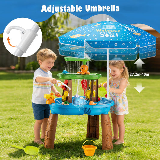 ZACEAC Water Table for Toddlers 3-5 with Umbrella Outdoor Toys for Kids Ages 4-8 Kids Sand Water Table with Fishing Game Set Activity Sensory Table with Water Pump Summer Gift for Kids