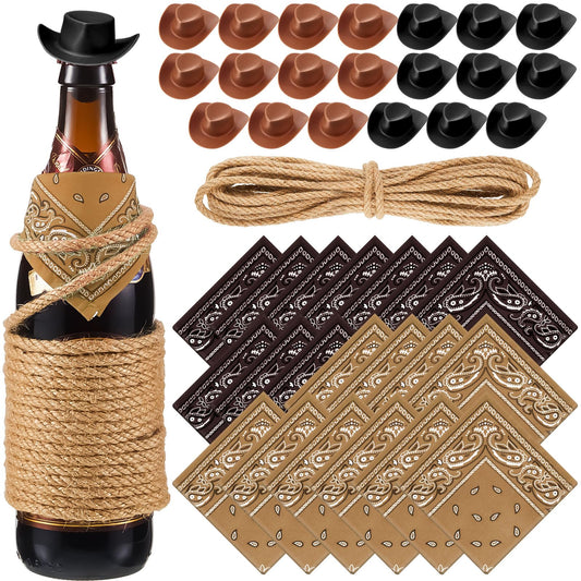 Leitee 20 Sets Mini Cowboy Hats for Crafts Plastic Tiny Cowgirl Hat with Bandanas for Western Cowboy Party Decoration(Brown, Black)