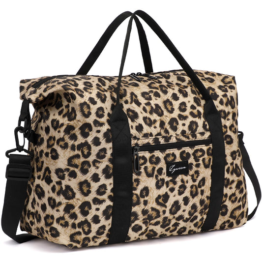 ADVEZO Duffle Bag for Travel Foldable Leopard Print Carry on Travel Bag, Small Medium Weekender Overnight Bags for Women, 40L Waterproof Sport Gym Bag for Men with Computer Compartment (leopard print)