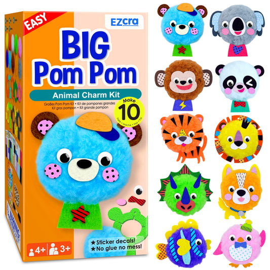 EZCRA Big Pom Pom Animal Craft Kit for Kids Ages 4-6 - DIY Pom Pom Crafts for Girls Boys Toddlers - Make 10 Plush Animals - Mess Free Arts and Crafts Kit