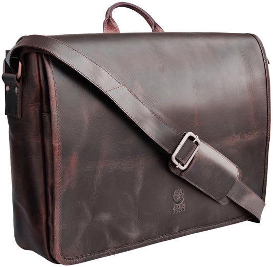 Leather Messenger Bag for Men 14 inch Leather Laptop Bag Vintage Crossbody Office Satchel Travel Shoulder Bag, Dark Brown