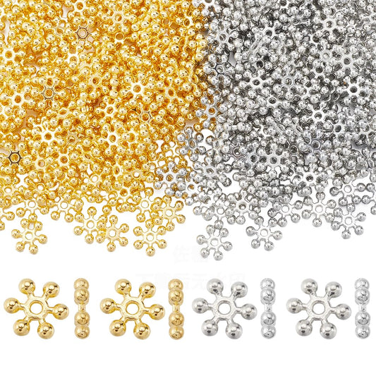 SOFPLATE 1 Box 400Pcs Snowflake Spacer Beads Silver Metal Spacer Bead Bulk Tibetan Alloy Gold 10mm Mini Flower Winter Christmas Snow Flake for Jewelry Making Bracelets Earrings DIY Crafts
