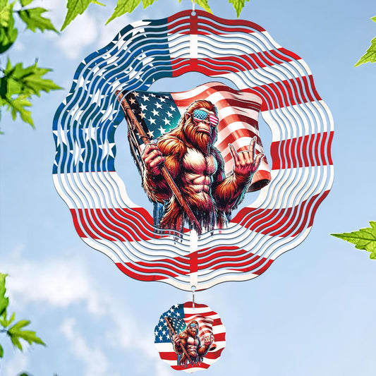Big Foot Wind Spinners Outdoor - Bigfoot Gifts for Men, Bigfoot American Flag Wind Chime for Outside, Hanging Metal Wind Sculptures for Garden Indoor Patio Lawn Yard, Veterans Day