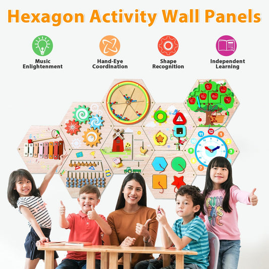 9Pcs Hexagon Activity Wall Busy Board Panels, Wooden Sensory Wall Panel for Kids, Montessori Learning Activity Center, Educational Toys for Toddler Playroom Daycare Nursery Classroom Birthday Gifts