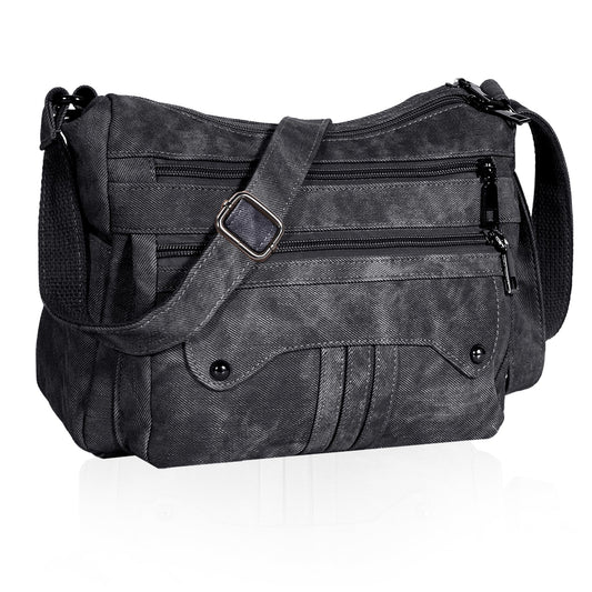 ELDA Crossbody Purses for Women PU Leather Denim Shoulder Handbags Waterproof Travel Bag Ladies Lightweight Medium Pocketbook (Black)