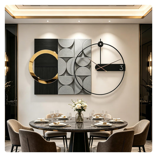Mid Century Modern Wall Clock 3D Luxury Large Geometric Silent Non Ticking for Living Room Oversized Boho Farmhouse Mechanism, Big Unique Metal Fancy Clock Wall Decor for Bedroom Kitchen, Black 30×18"