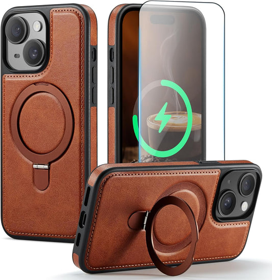 CHEEWADA 15 6.1", for iPhone Case with Stand Compatible with Magsafe Slim PU Leather & Durable TPU Drop Proof Magnetic