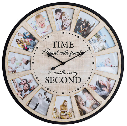 JUMBO HUMBLE 12 Photo Collage Rustic Wood Farmhouse Wall Clock, Large Family Picture Wall Clock for Living Room, Home, Kitchen, Silent Battery Powered 24 Inch Natural