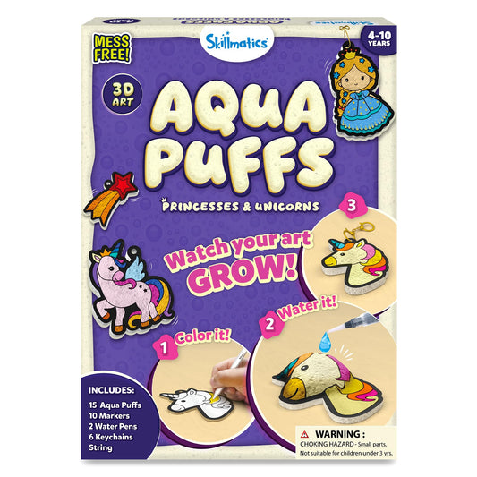 Skillmatics Aqua Puffs - 3D Art Kit, Princesses & Unicorns, Mess-Free Paint by Number Craft for Kids, DIY Color Activity, Screen-Free Fun, Best Gift for Girls & Boys Age 4, 5, 6, 7, 8, 9, 10