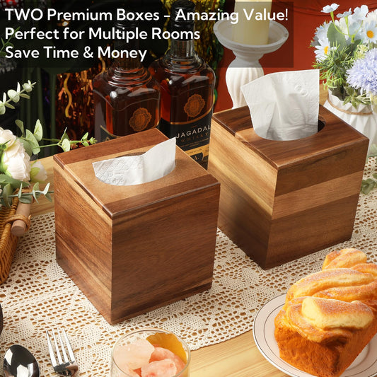 Wooden Tissue Box Cover 6 Pack - Acacia Wood Tissue Box Holder for Bathroom, Office & Farmhouse Decor, Decorative Square Covers for Tabletop Stands